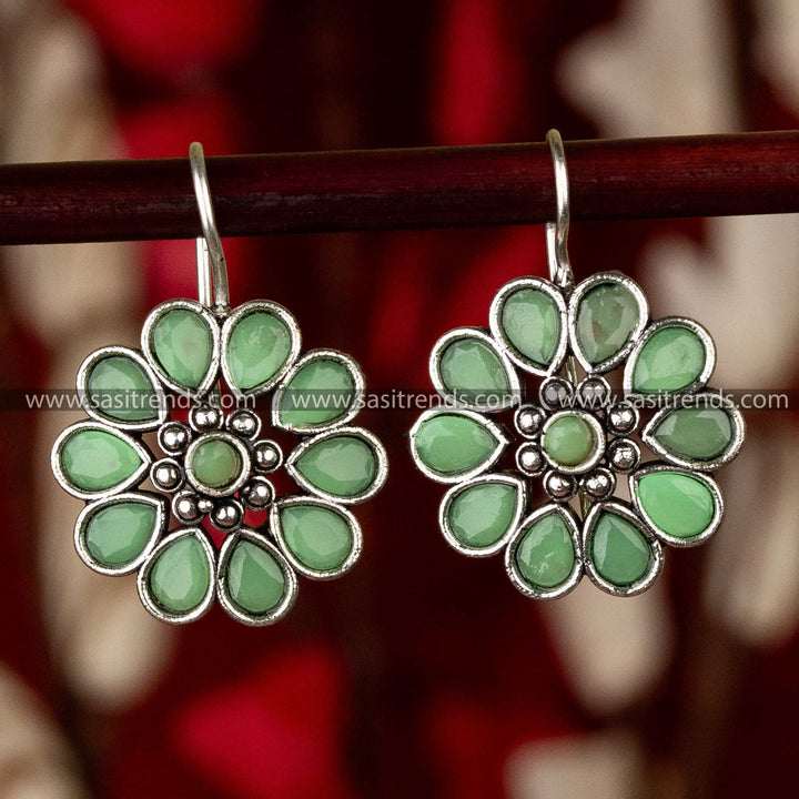 Sasitrends - Elegant Oxidised Silver Floral Earrings with Waterdrop and Round Gemstones - Sasitrends