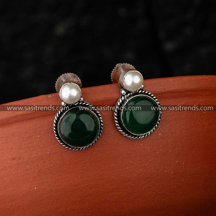 Oxidised Green Stone Jewellery Earrings for Festive Wear