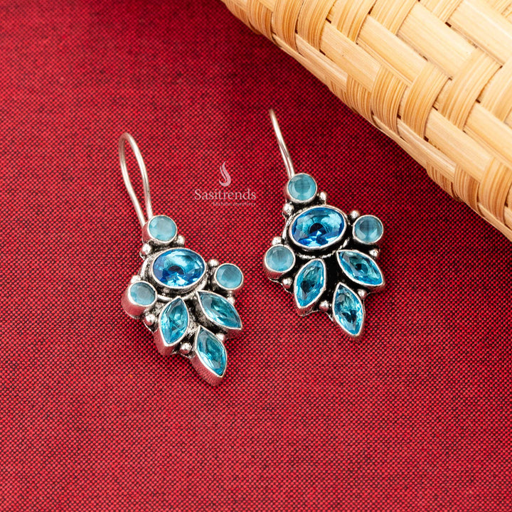 Oxidised Silver Earrings with Blue Stones in a Leaf Design