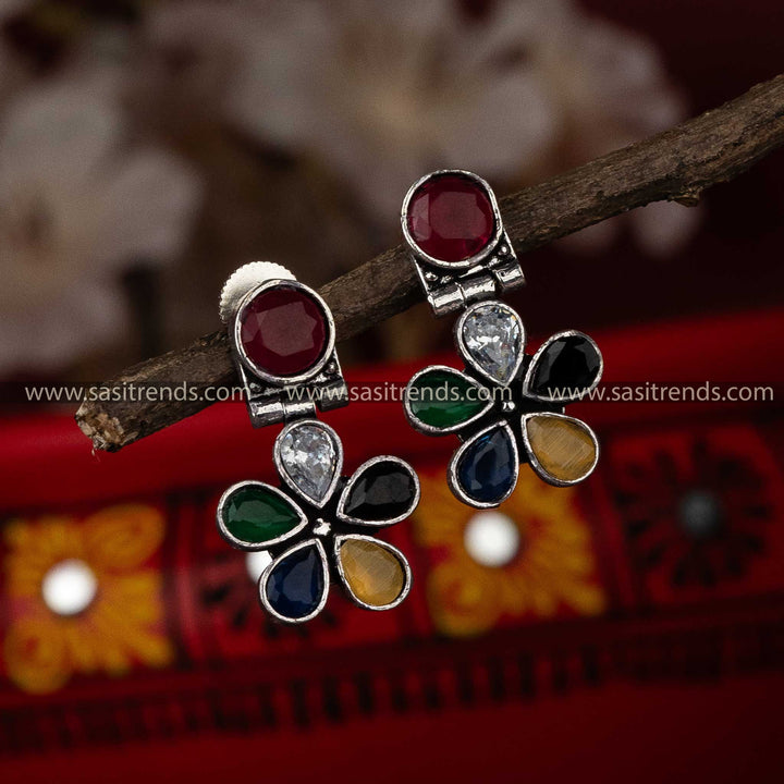 Trendy Oxidised Multi Stone Stud Navarathiri Special Earrings Sasitrends Online Shopping