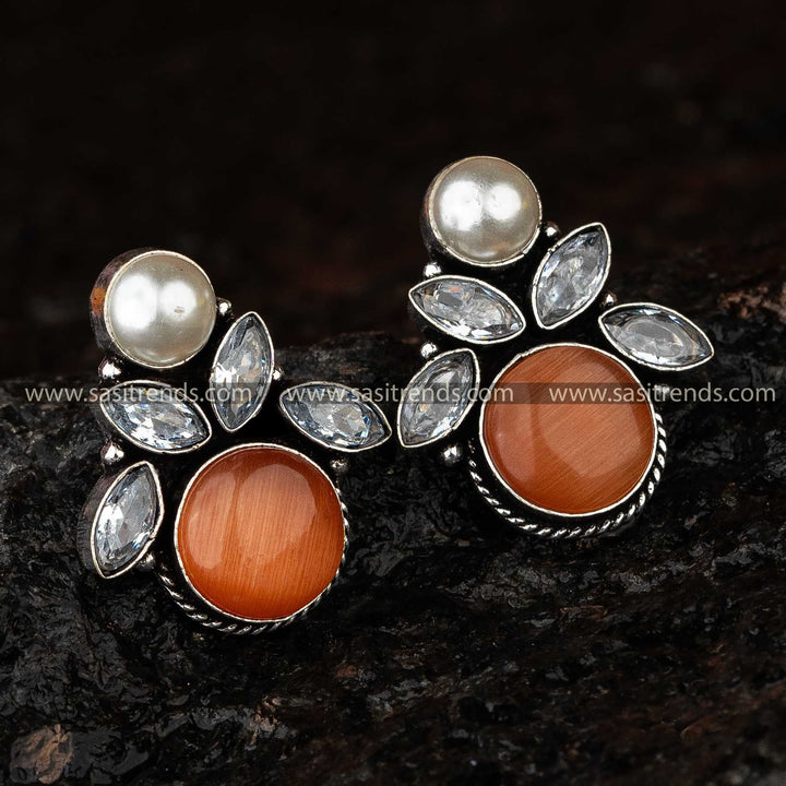 Oxidised Silver Earrings with Peach Monalisa Stone, Perfect for Navarathiri 