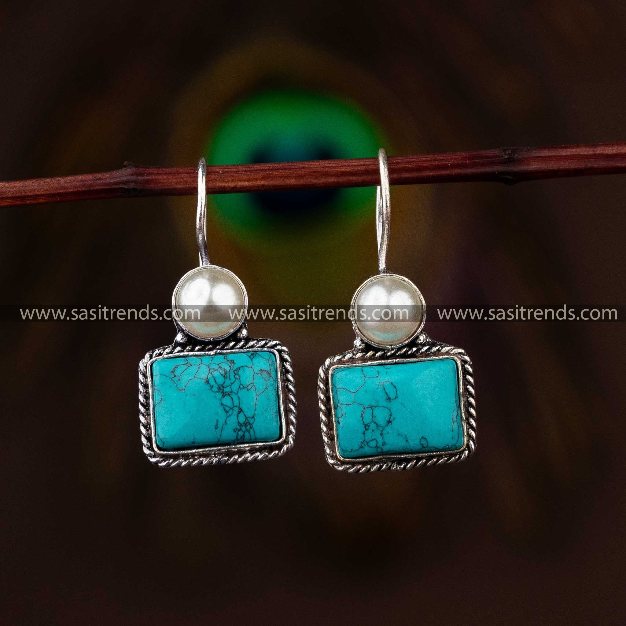 Turquoise Stone Oxidised Earrings for Navarathiri Festival Celebrations