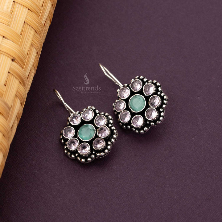 Trendy oxidised violet mint stone fish hook earrings sasitrends online