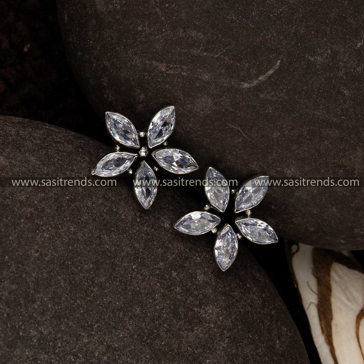 Trendy Oxidised White Stone Studded Floral Designer Push Back Earrings Sasitrends Online