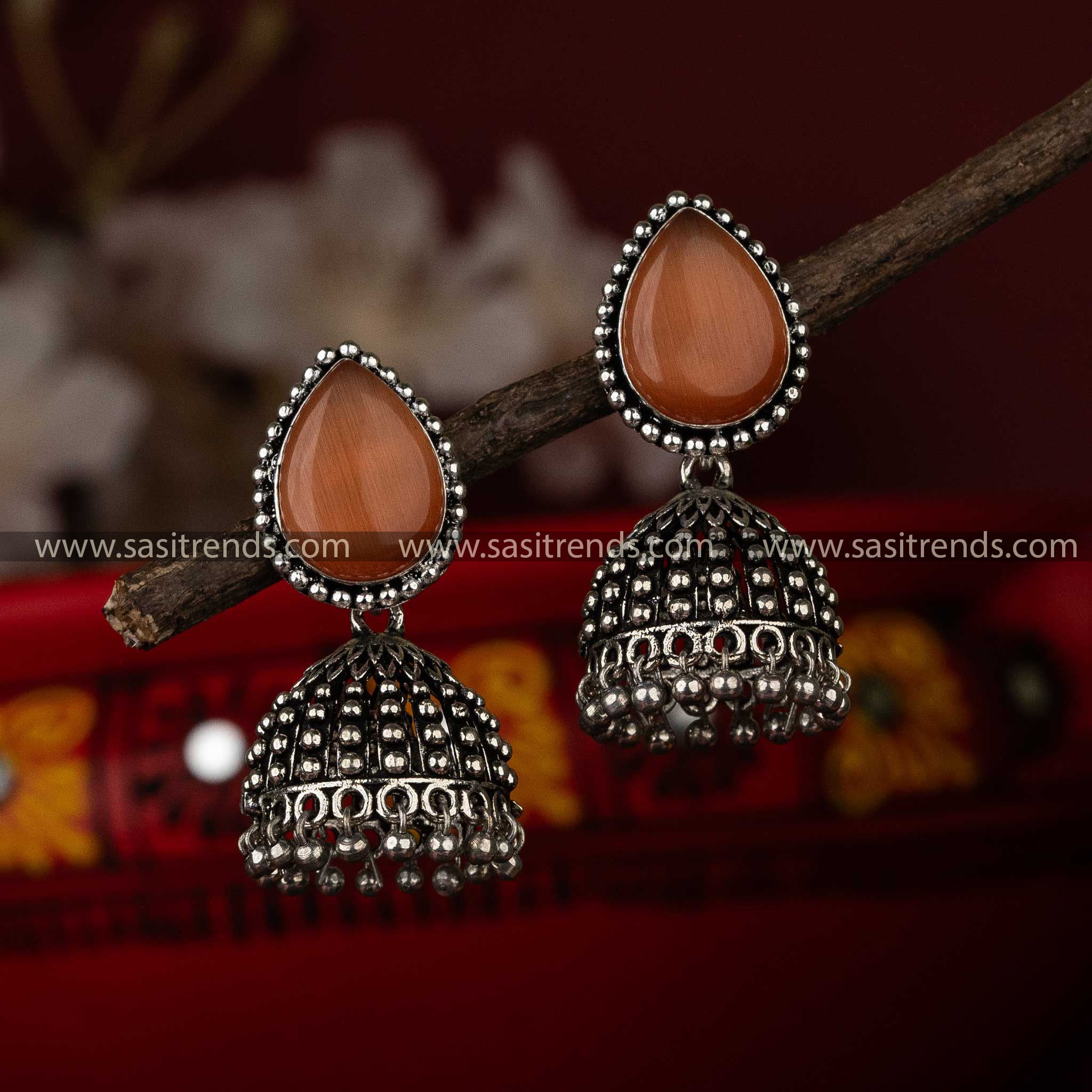 Peach Monalisa Stone Oxidised Jhumka Earrings Ideal for Wedding Celebrations