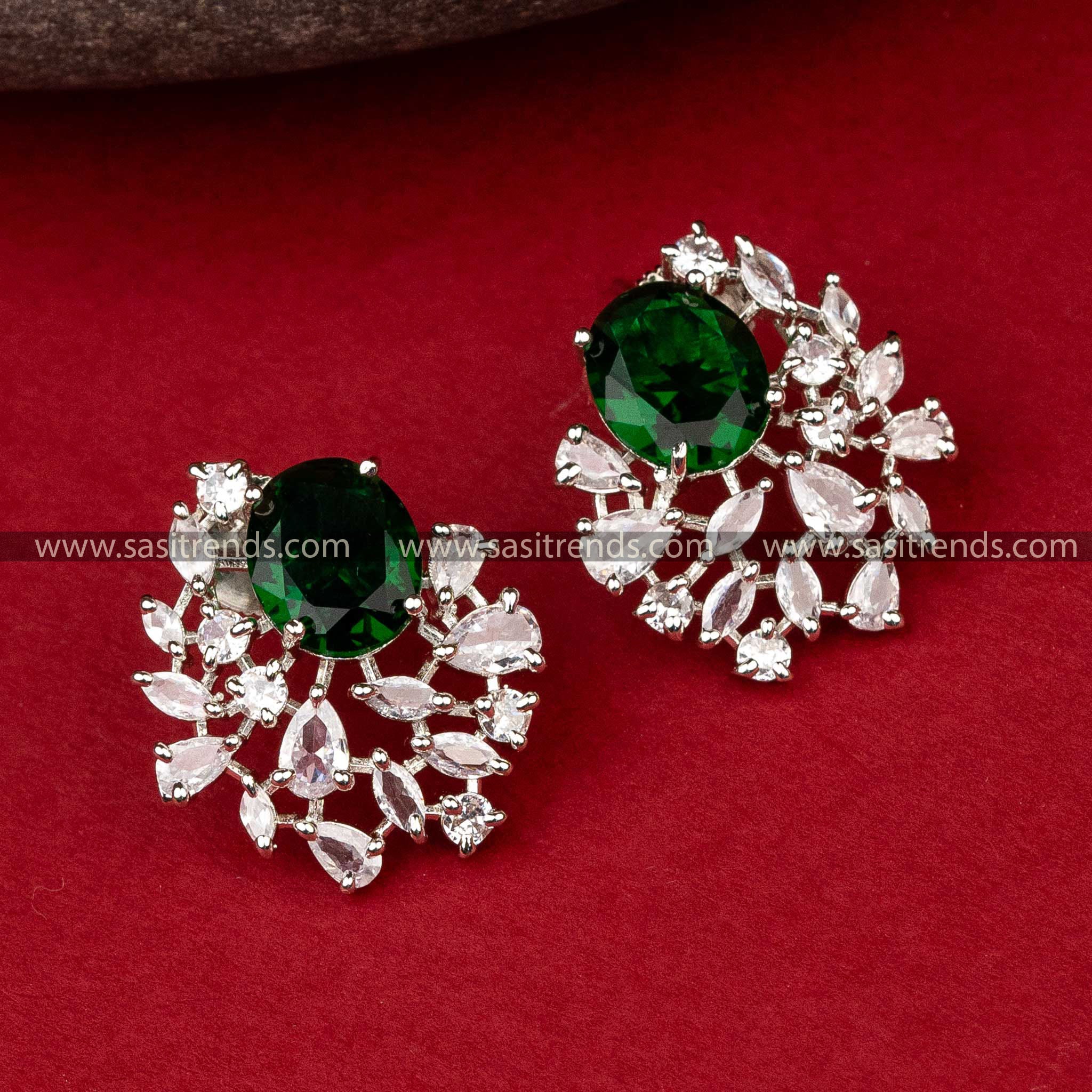 Trendy Silver Green Stone American Diamond Festival Earrings