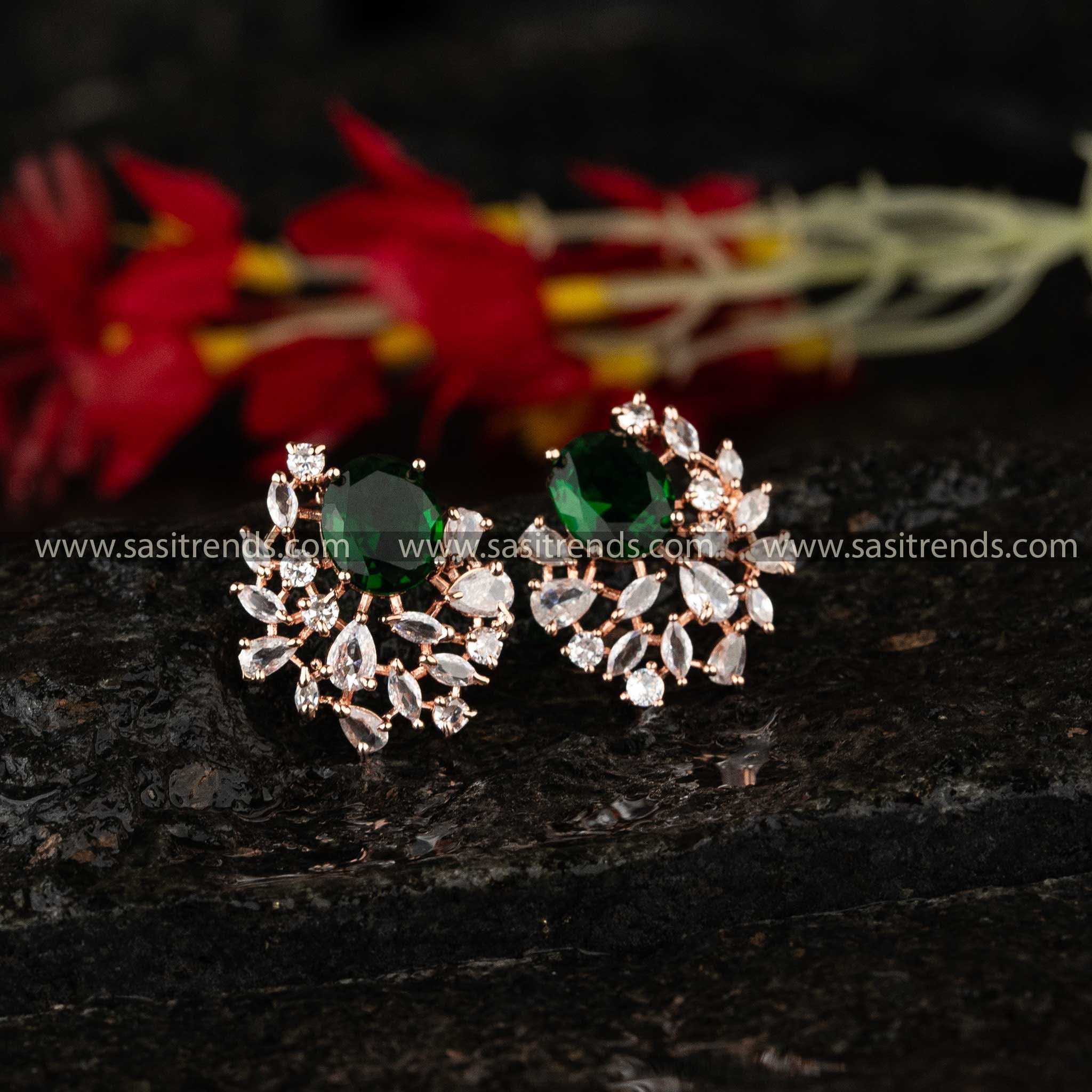 Trendy Rose Gold Green Stone American Diamond Festive Earrings Sasitrends Online Shopping