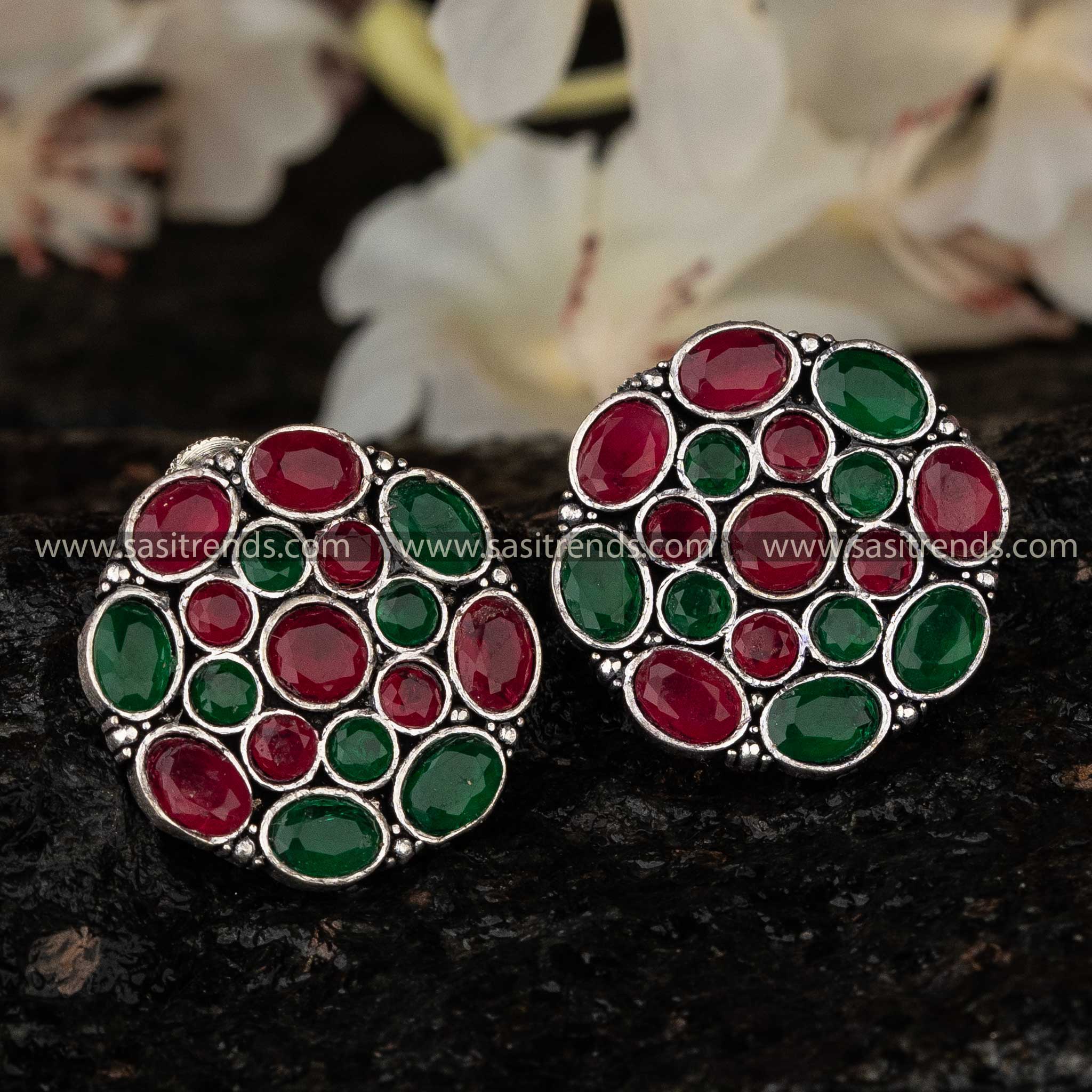 Ruby Green Oxidised Earrings, Festive and Bold