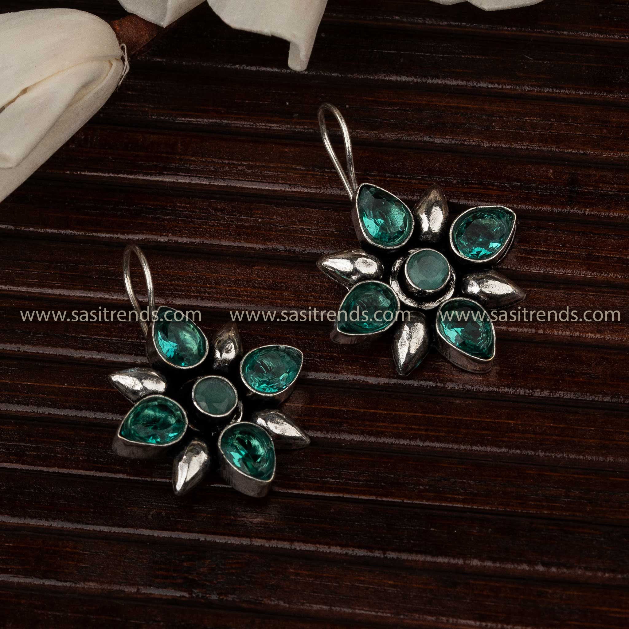 Trendy Traditional Oxidised Aqua Blue Stone Stud Fish Hook Earrings Sasitrends Online