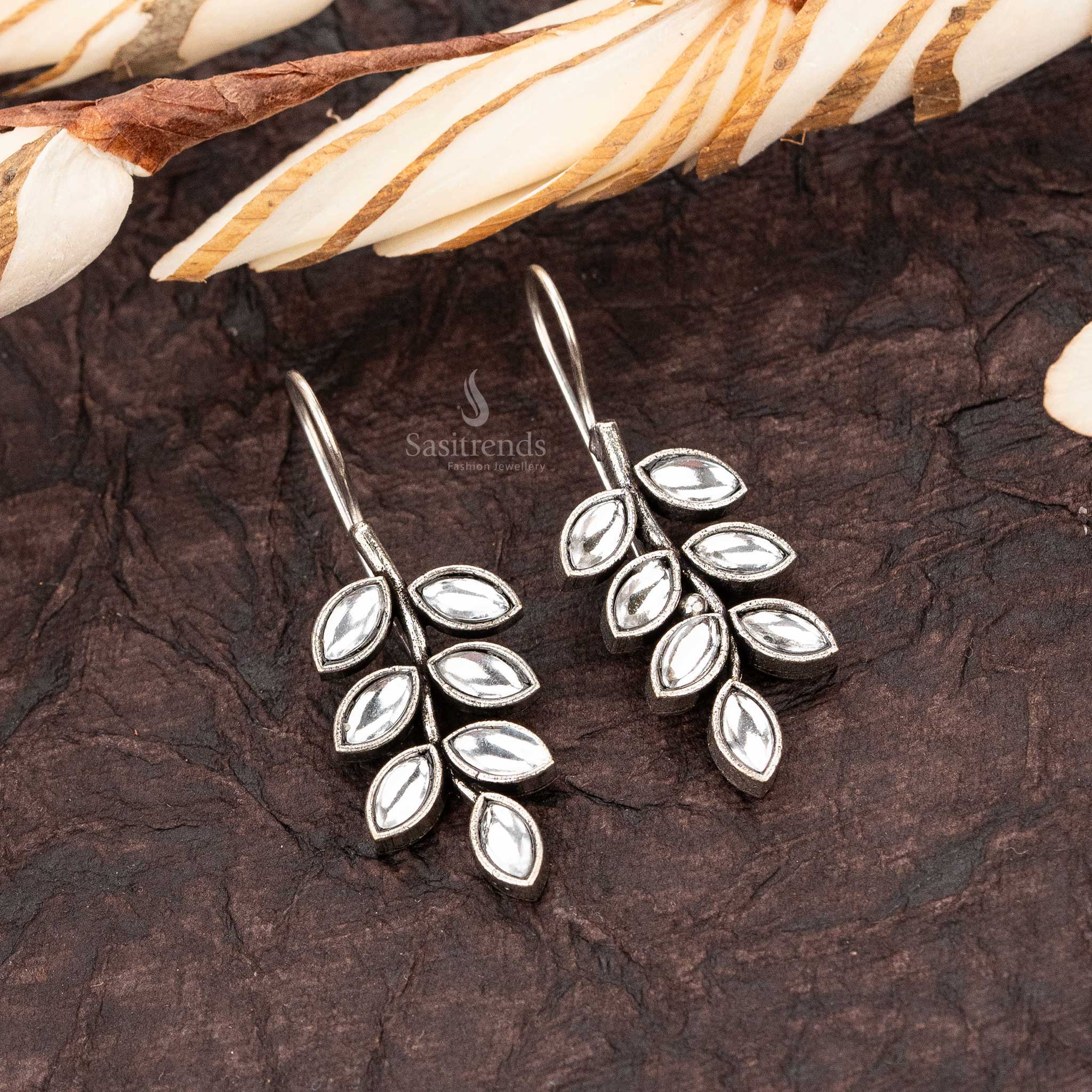 Trendy White Stone Stud Oxidised Leaf Pattern Fish Hook Navaratri Special Elegance Earrings Sasitrends