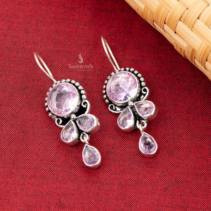 Oxidised Silver Drop Fish Hook Earrings with Pastel Pink Stones Sasitrends