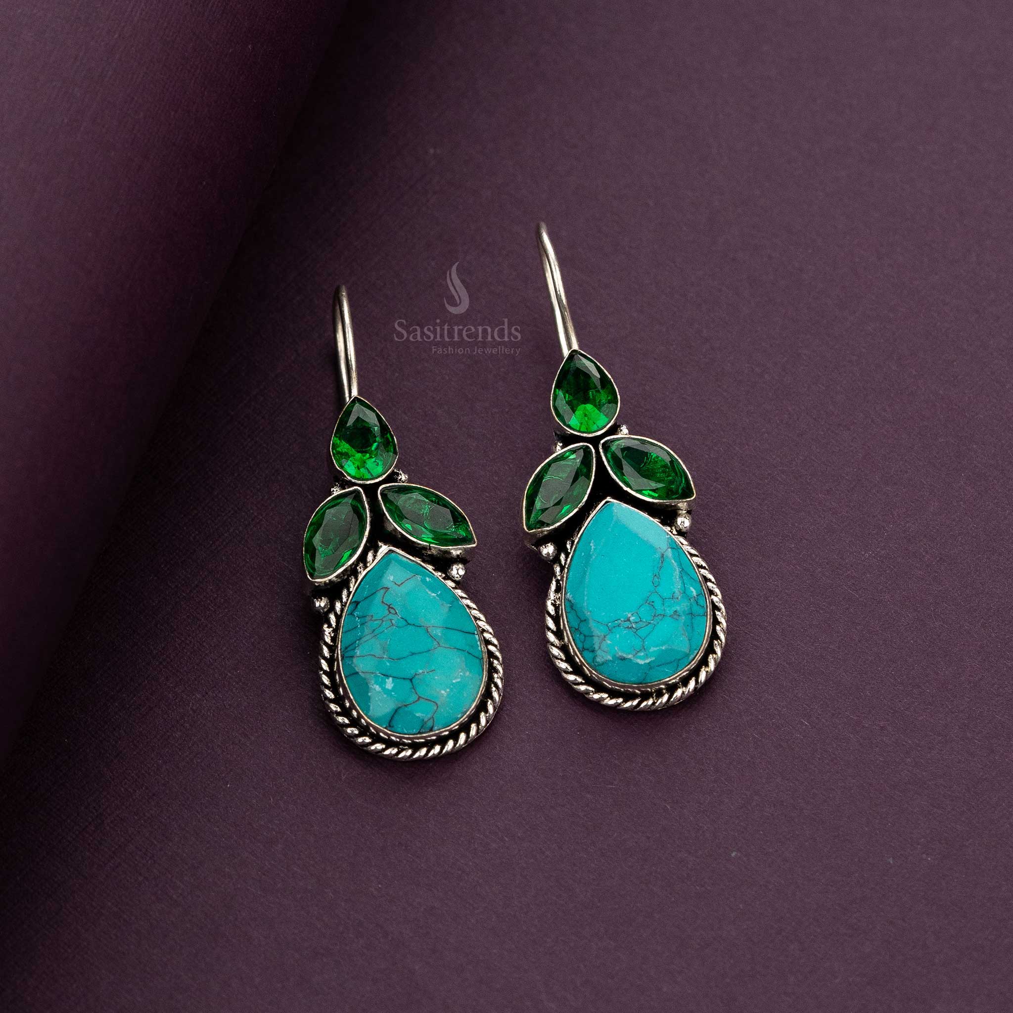 Oxidised Earrings with Turquoise Teardrop and Bright Green Marquise Stones