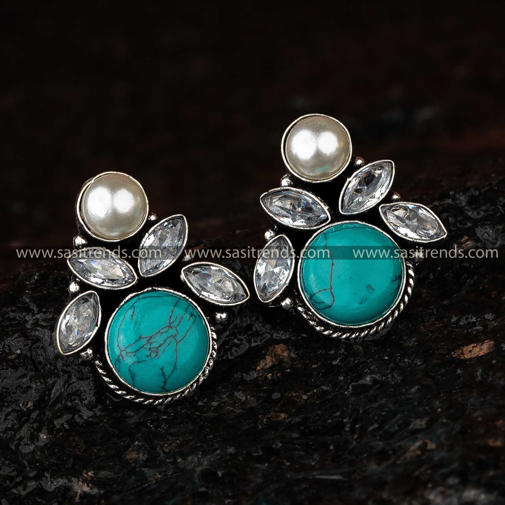 Turquoise Monalisa Stone Oxidised Earrings, Vibrant and Trendy for Festive Occasions