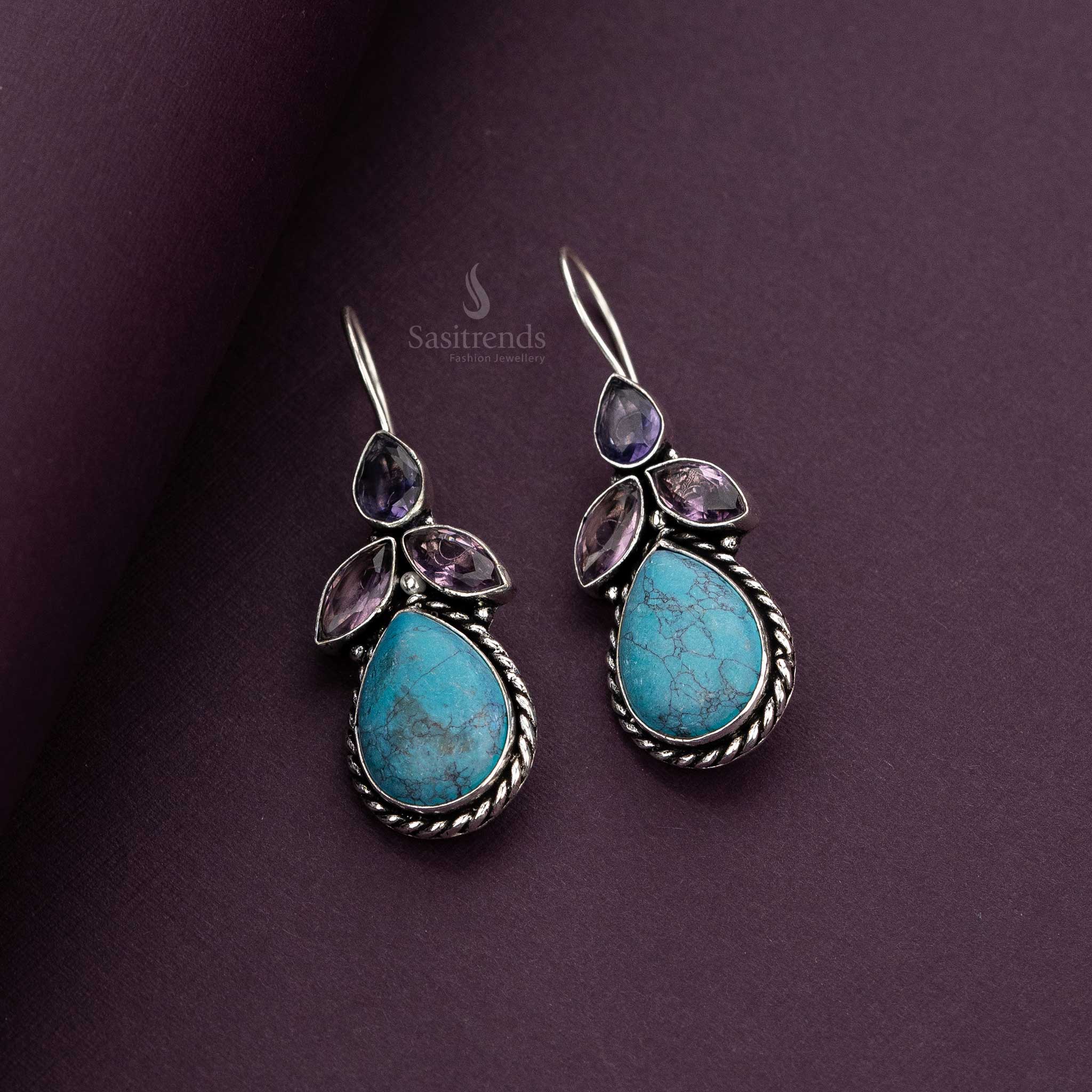 Oxidised Earrings with Turquoise Teardrop and Violet Marquise Stones