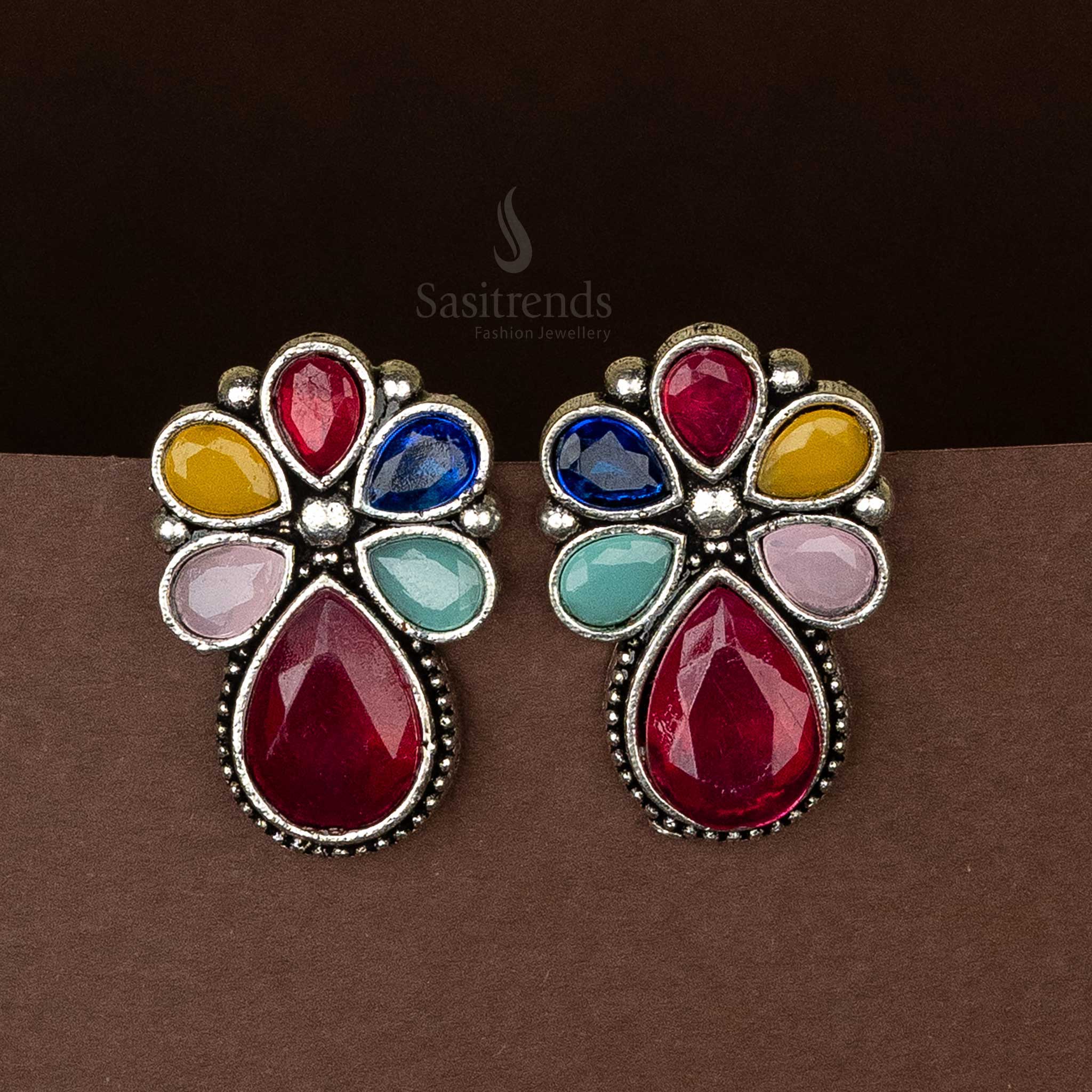  Multicolor oxidised silver earrings for daily wear with floral pattern