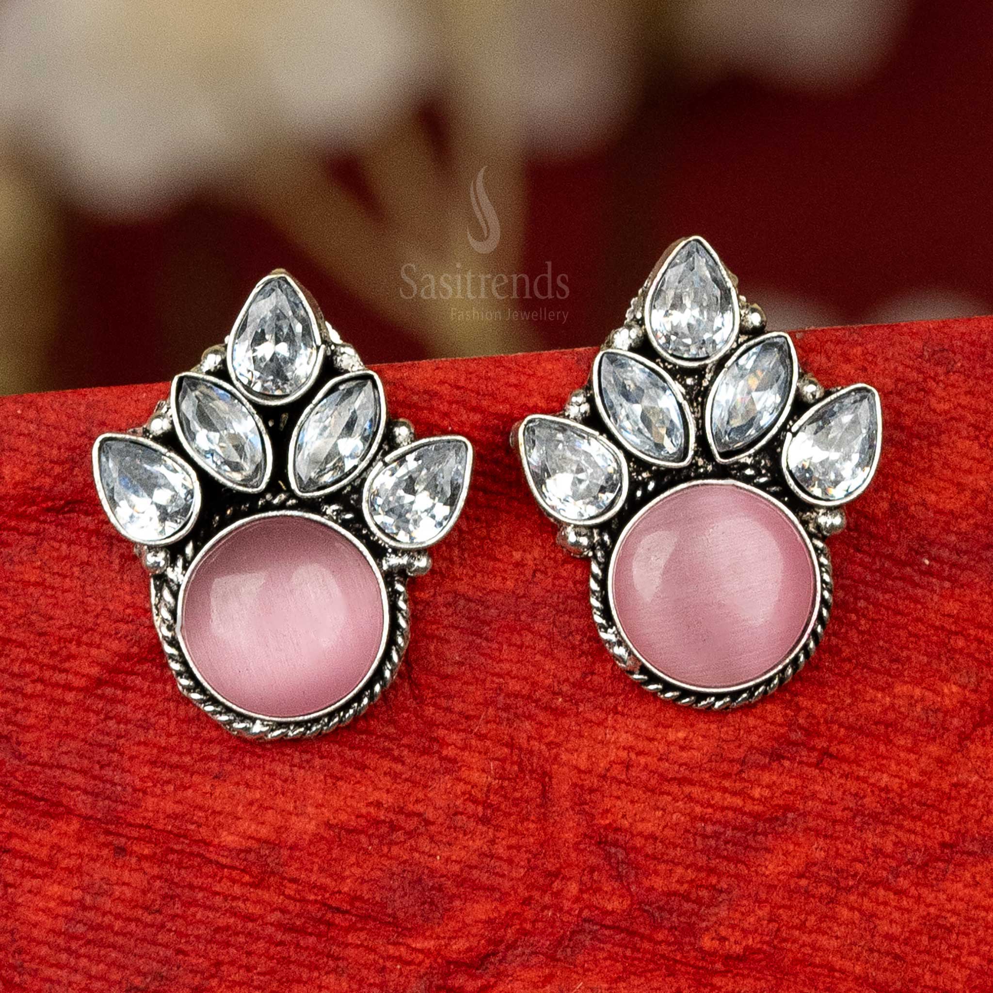 Fashion oxidised silver earrings with pink cabochon stone