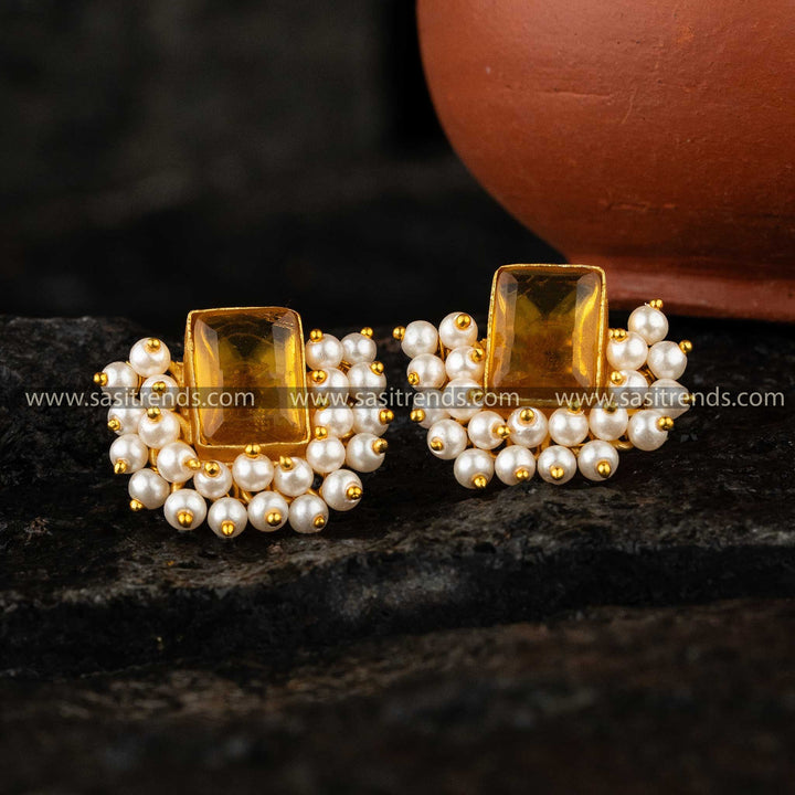 Sasitrends - Gorgeous Rectangular Stone Gold-Plated Earrings with Pearl Embellishments