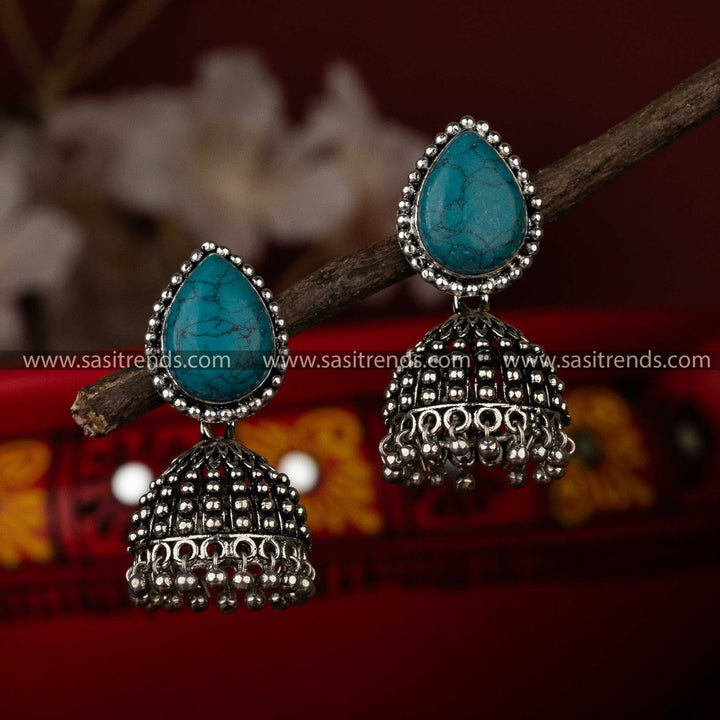 Vibrant Turquoise Monalisa Stone Oxidised Earrings for Traditional Wear