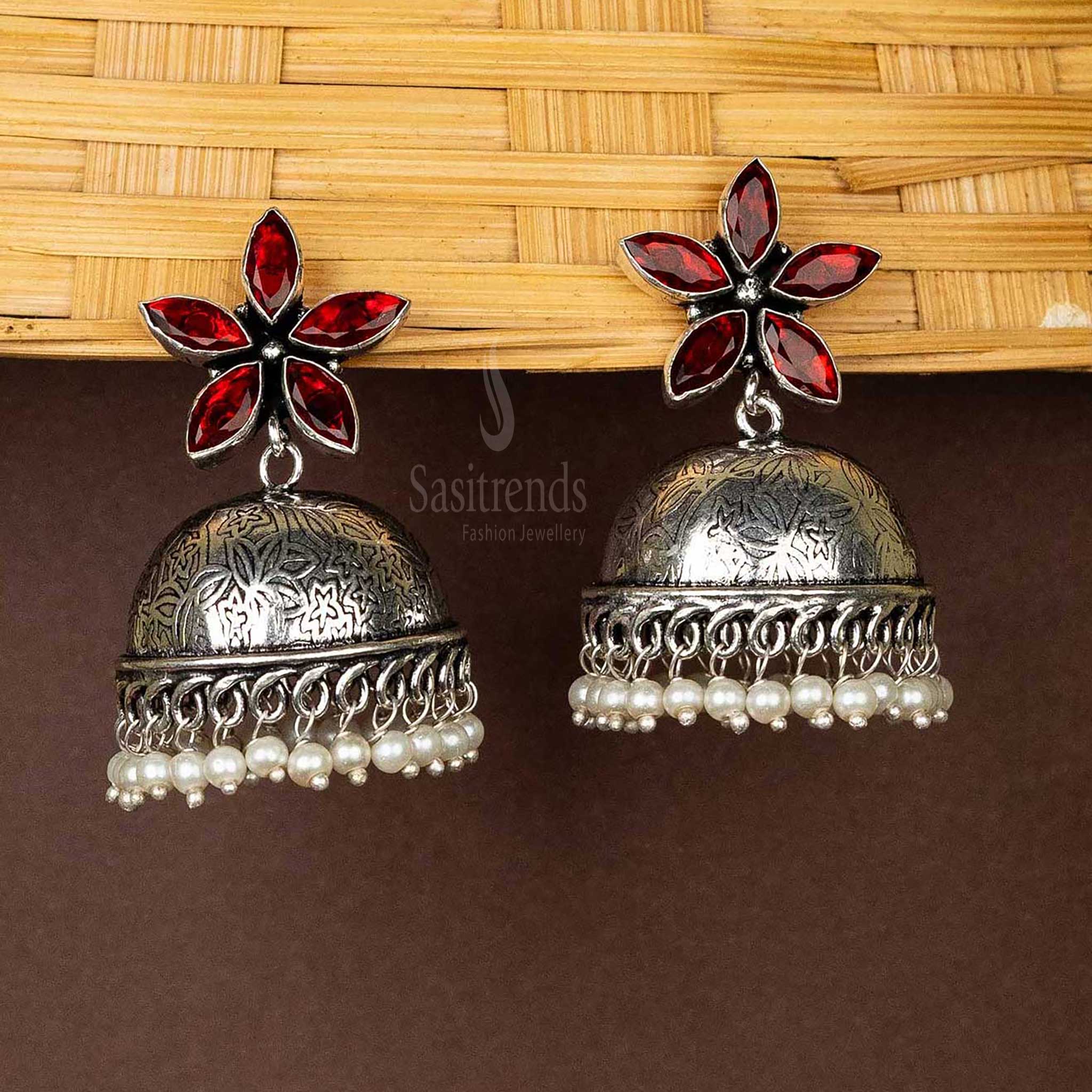 Vinous-floral-top-jhumka-earrings-with-pearl-hanging