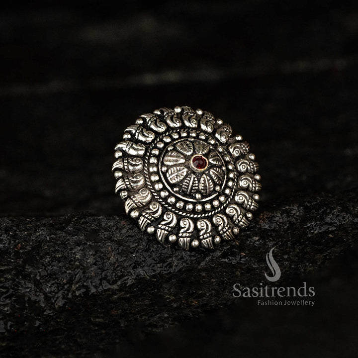 Traditional Oxidised Adjustable Ring with Red Stone - Sasitrends