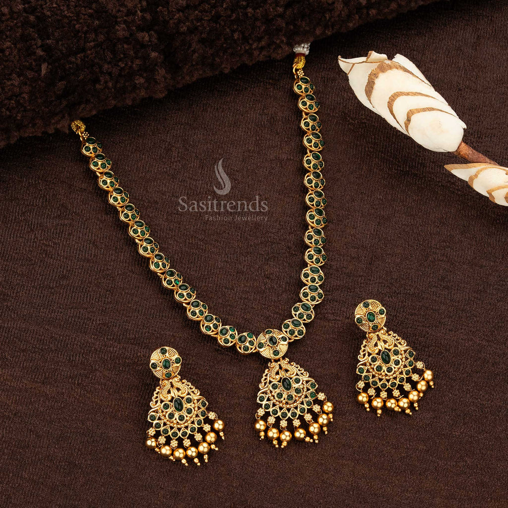 Full set of temple-inspired Green necklace and earrings for festive occasions- Sasitrends