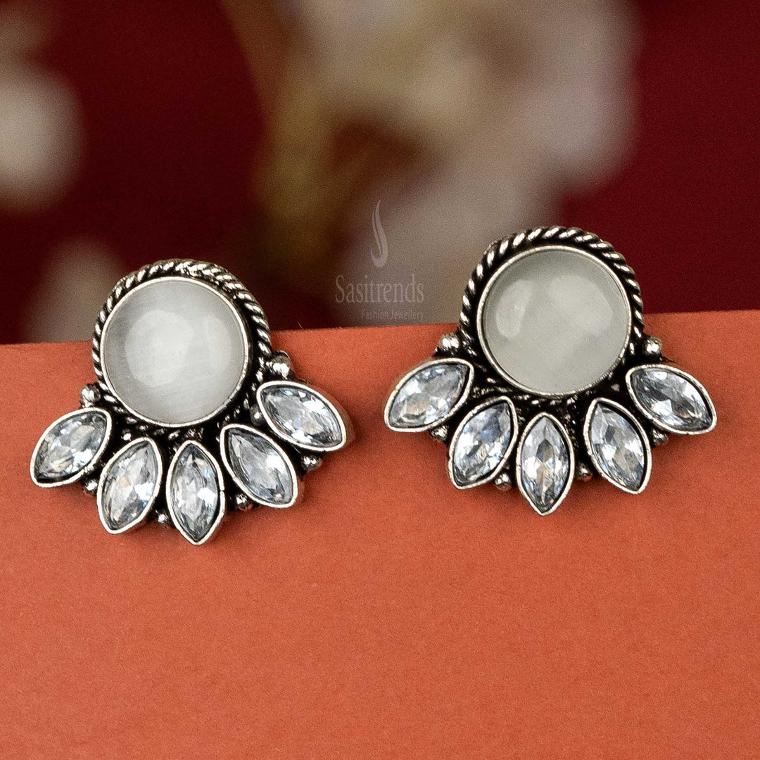 Trendy oxidised silver earrings with white cabochon stone and AD stones