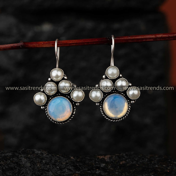 Oxidised Silver Earrings with White Monalisa Stone, Perfect for Latest Fashion Trends