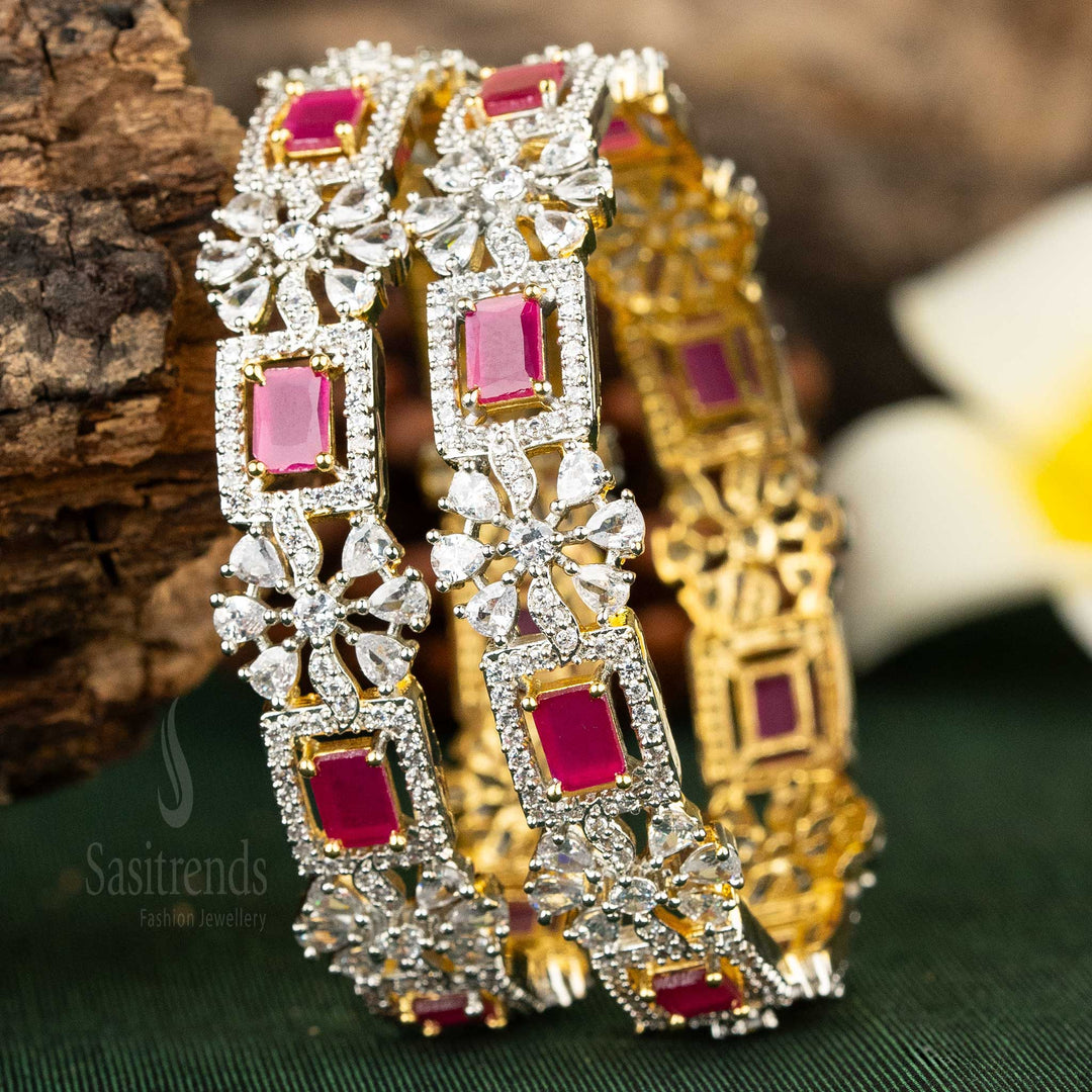 Ganga Jamuna Plated Square Floral American Diamond Bangles with Ruby Stones