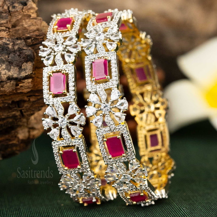 Sasitrends | Ganga Jamuna Plated Square and Floral Design American Diamond Bangles