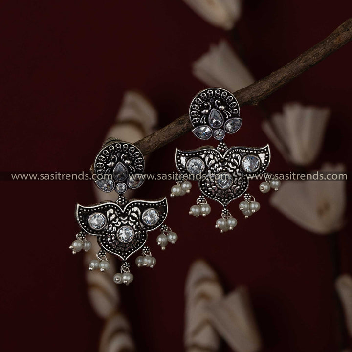 White Stone Oxidised Peacock Earrings Perfect Traditional Wear Sasitrends Online Shopping