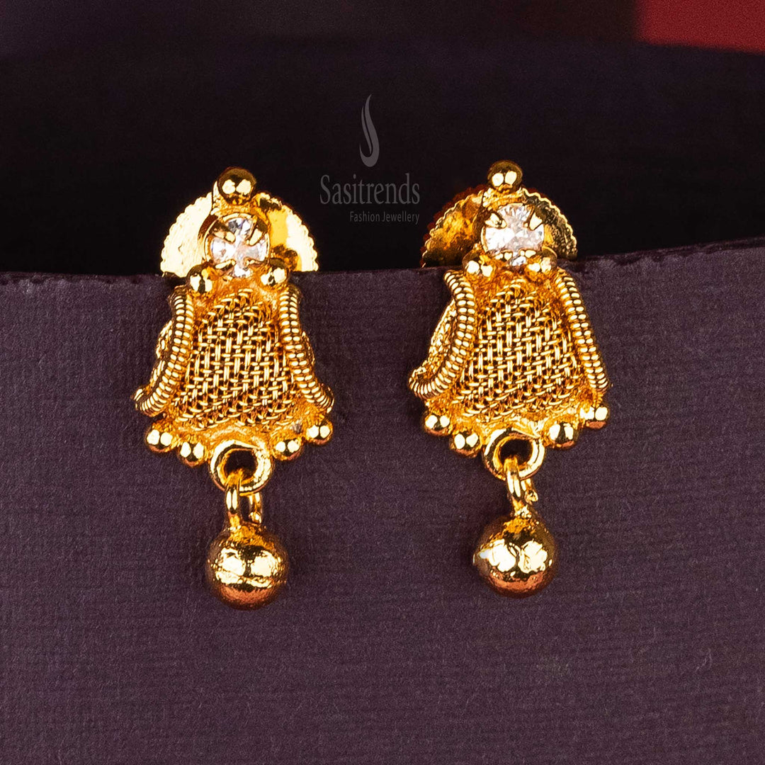 Premium White Mesh Triangle Earrings with AD Stone and Gold Ball Dangle – Exquisite Gold-like Style