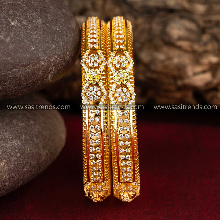 Sasitrends | Elegant Micro Gold-Plated American Diamond Bangles with Floral and Geometric Motifs