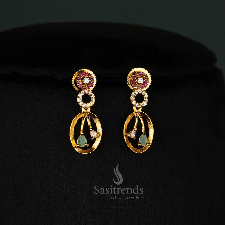 Elegant matte gold earrings set with American diamond oval and circular patterns - Sasitrends