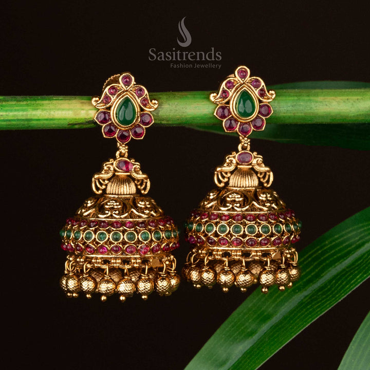 Grand matte gold temple earrings featuring ruby-green accents and dangling beads - Sasitrends