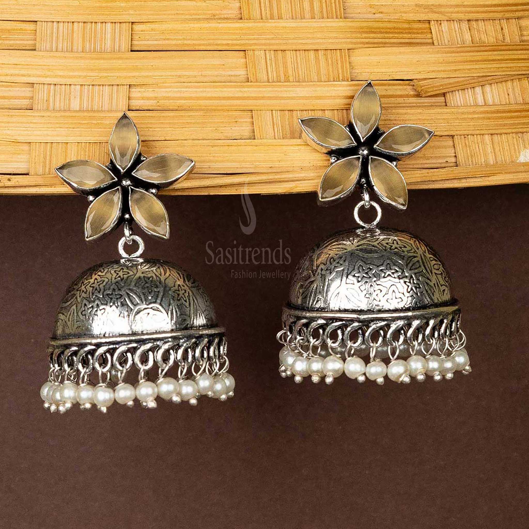 yellow-floral-top-jhumka-earrings-with-pearl-hanging