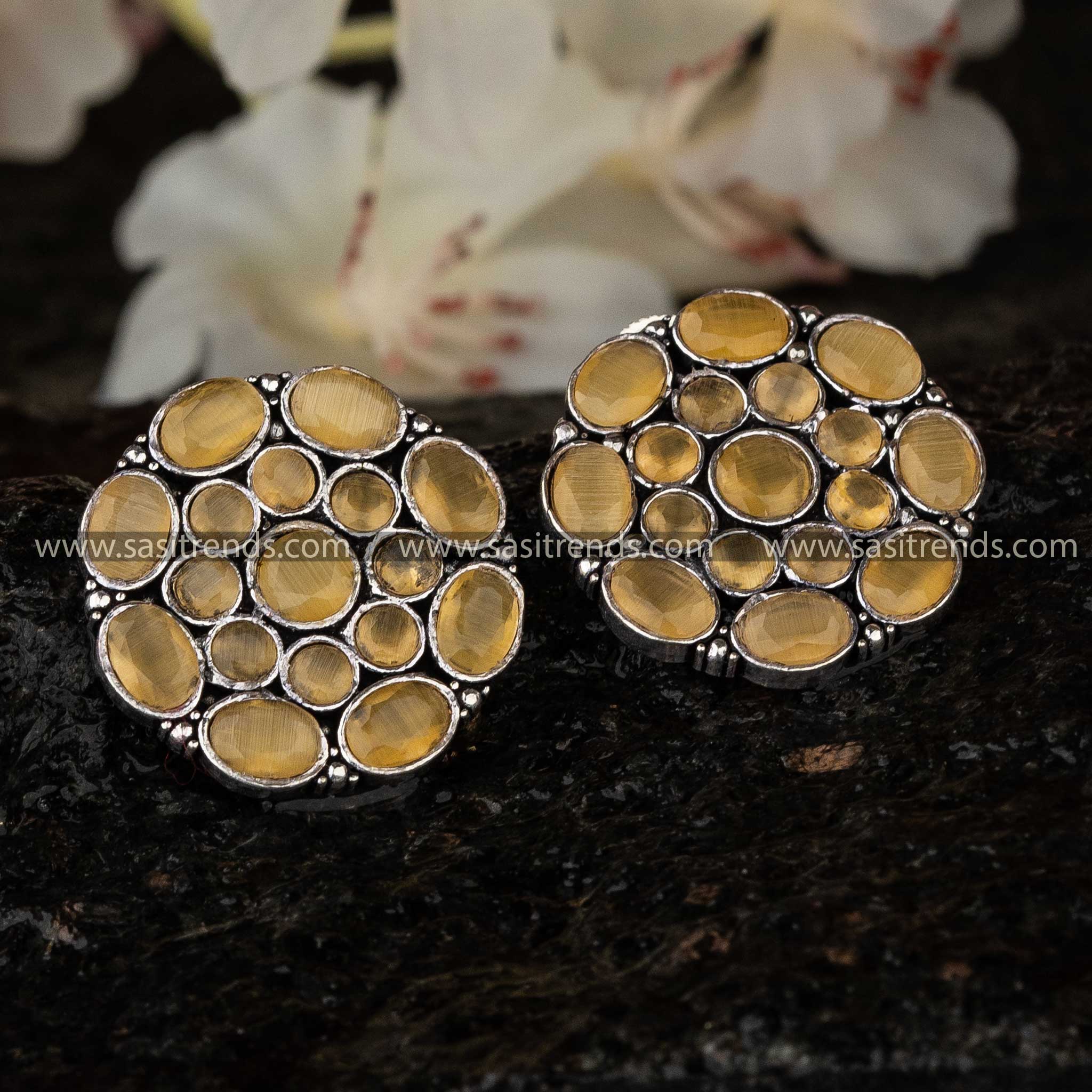 Yellow Gemstone Oxidised Stud Earrings for Navarathiri