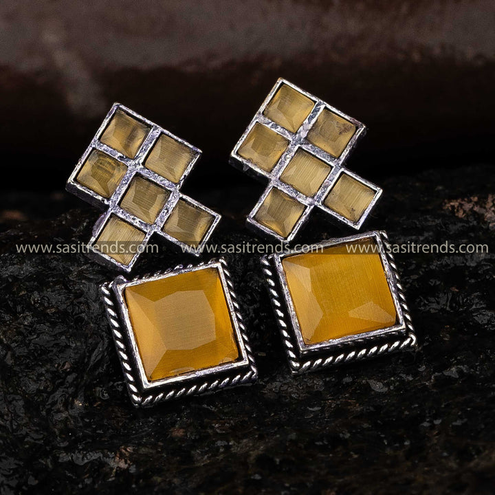 Yellow Oxidised Square Stone Earrings Celebrate Navarathiri Occasion Sasitrends Online 