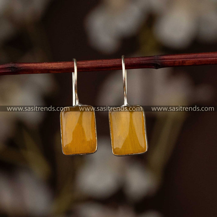 Yellow Stone Oxidised Rectangular Designer Fish Hook Earrings Sasitrends Online Shopping