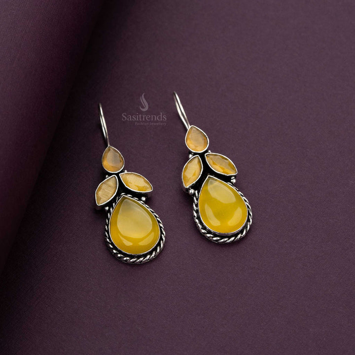 Oxidised Silver Earrings with Large Yellow Teardrop and Leaf-Shaped Stones