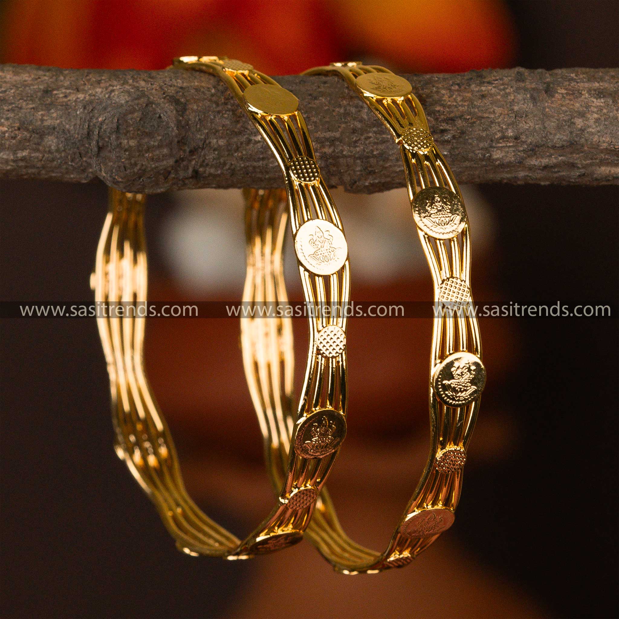 Auspicious Lakshmi coin motif on micro gold-plated bangles