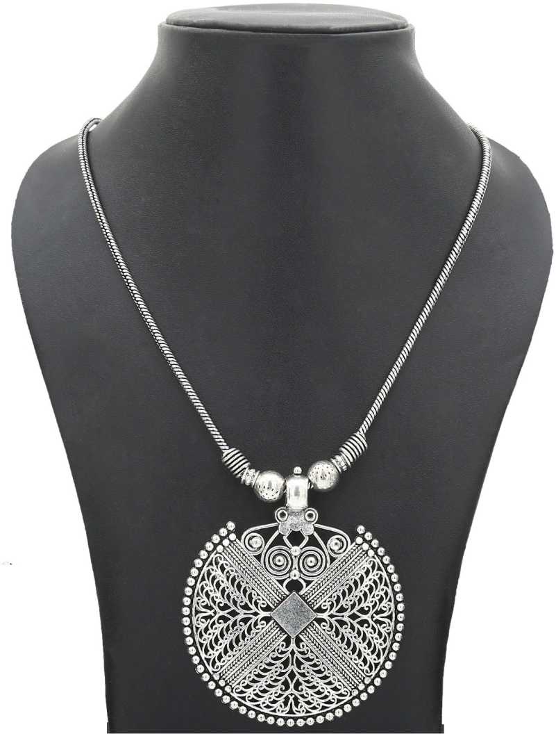 Black metal long silver chain with pendant jewellery set