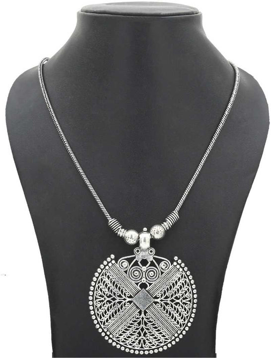 Long Oxidised Silver Chain with Pendant Necklace - Sasitrends