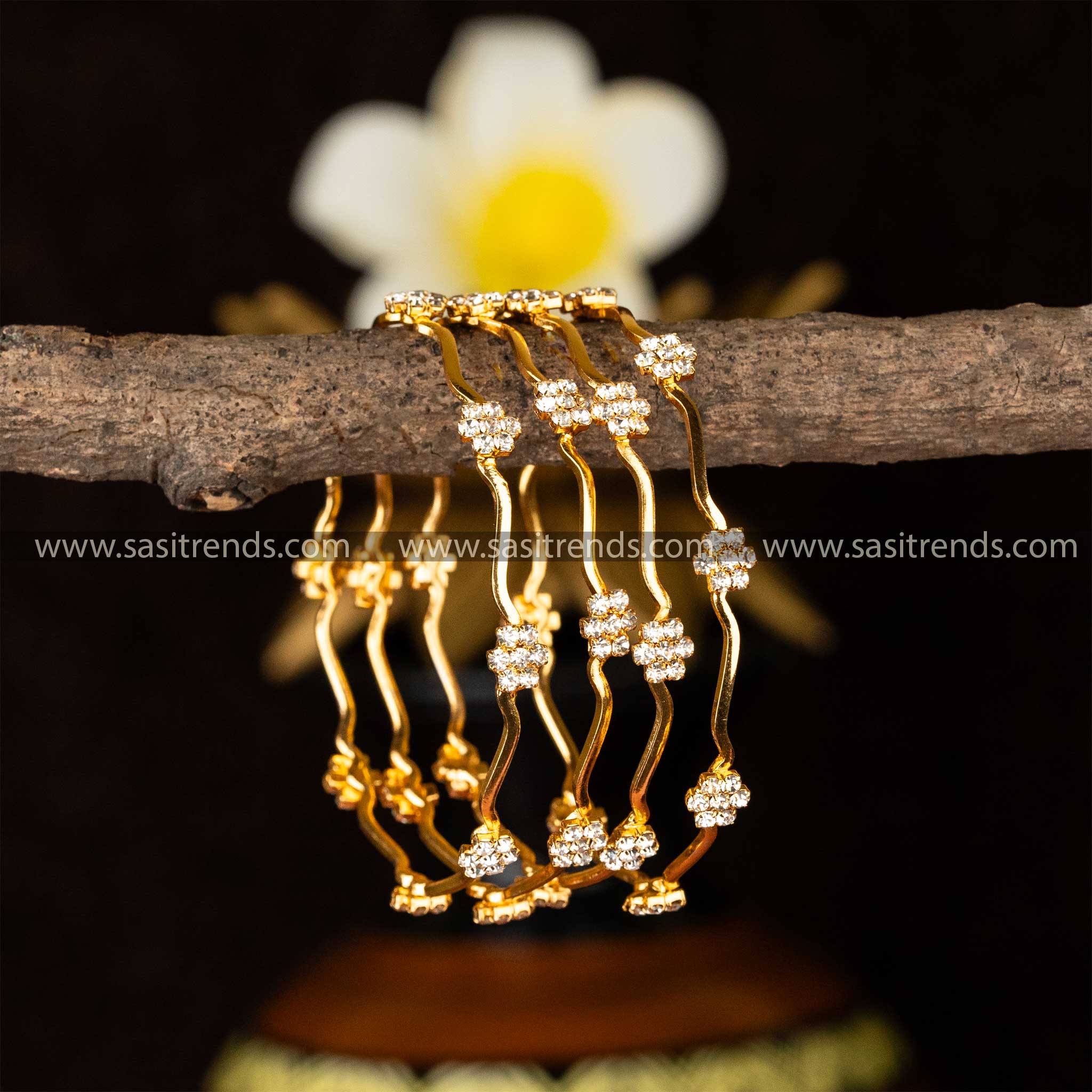 Guaranteed Micro Gold Plated Flower Designer White AD Stone Studded Bangles