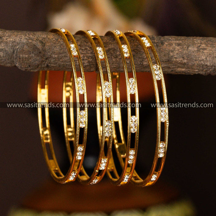 Traditional Wear Micro Gold Plated White Para Stones Studded Bangles - Sasitrends