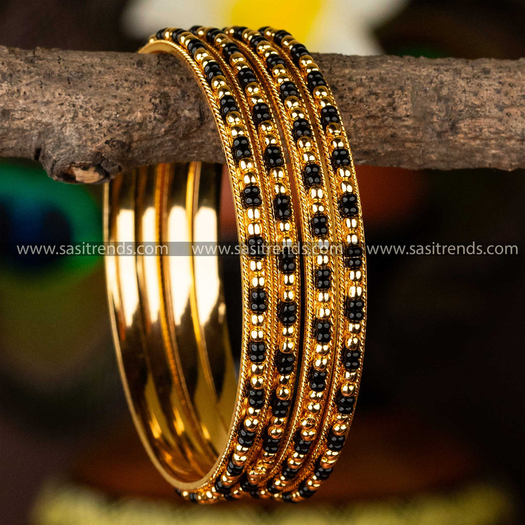 Guaranteed Micro Gold Plated Black Beads Four Pieces Of Bangles Temple Elegance Shopping