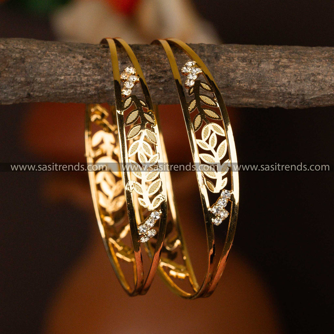 Guaranteed One Gram Micro Gold Plated Leaf Pattern AD Stone Bangles