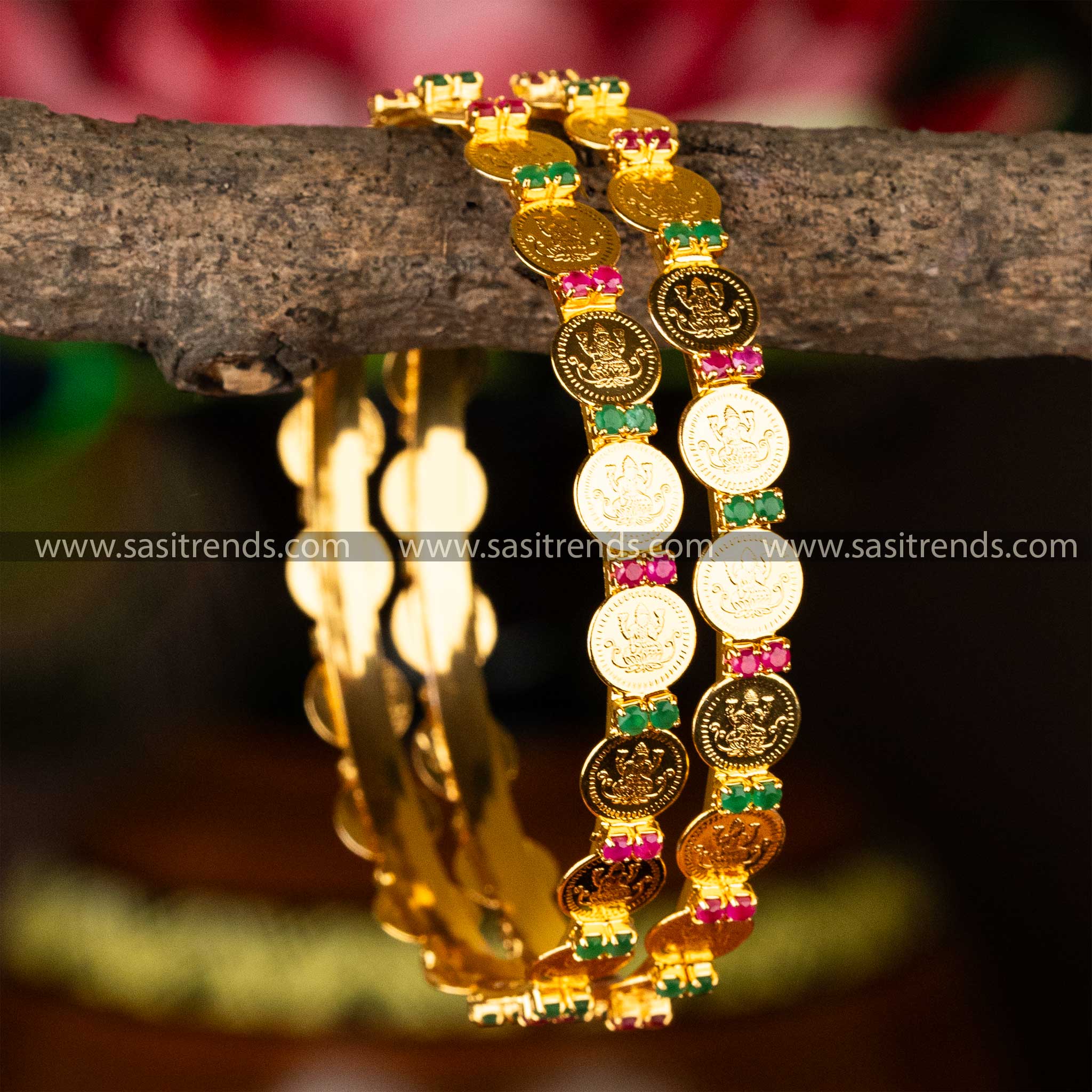 Guaranteed Micro Gold Plated Lakshmi Coin Rudy Green AD Stone Studded Bangles Sasitrends Online Shopping