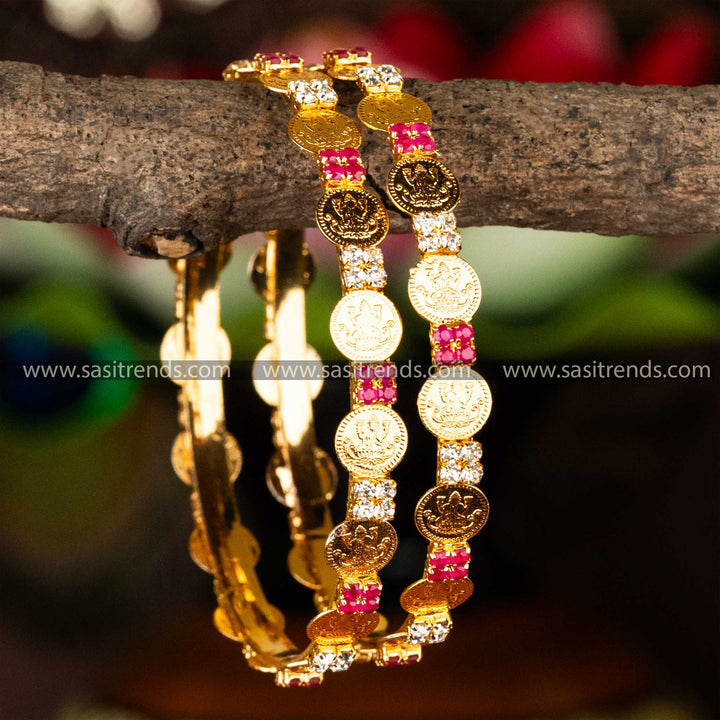 Traditional Micro Gold Plated Lakshmi Coin White Ruby AD Stone Studded Bangles Online Shopping