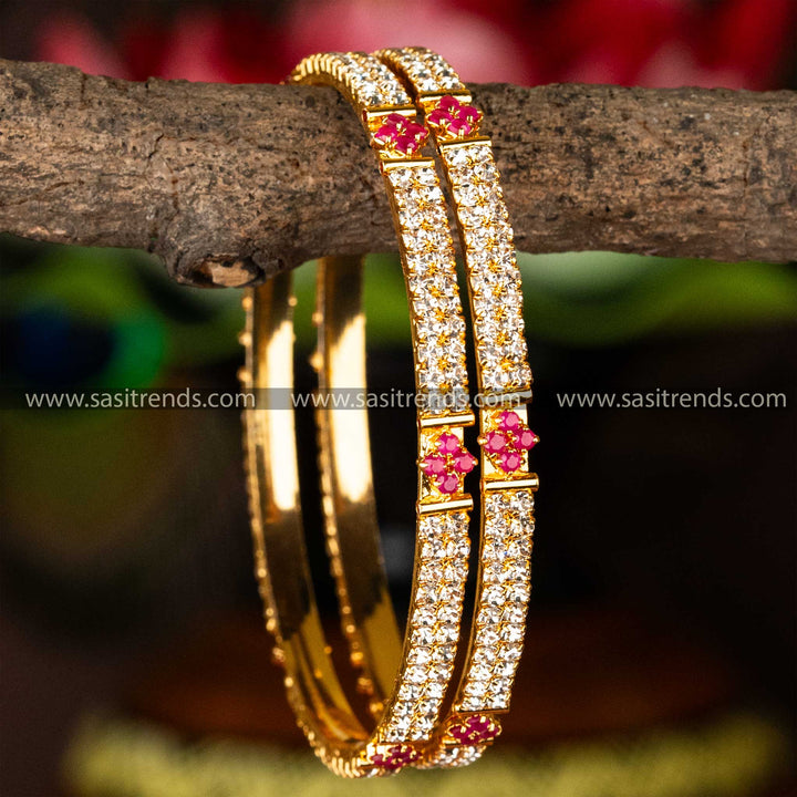 Traditional Temple Wear Micro Gold Plated Sparking Stones Bangles - Sasitrends