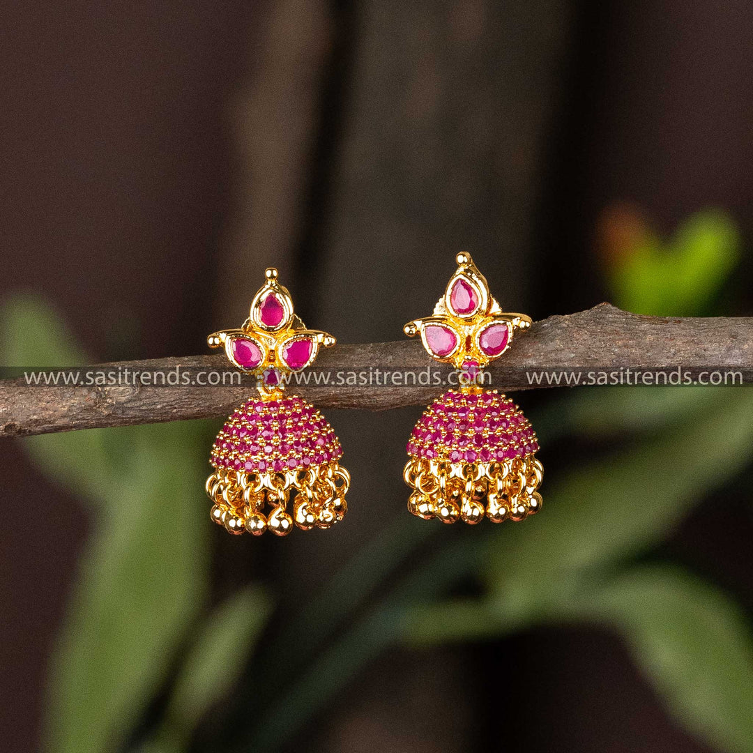 Micro Gold Plated Guaranteed Leaf Designer Ruby AD Stone Studded Ruby AD Stone Earrings 